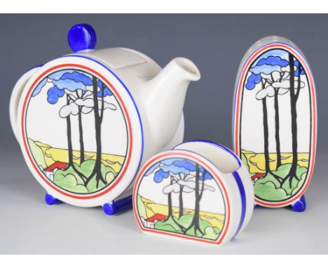 Wedgwood Clarice Cliff teapot, sucrier and sugar sifter, tallest 13cm