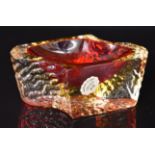 Murano Mandruzzato style ice textured Sommerso red and yellow glass dish with original label, 7cm