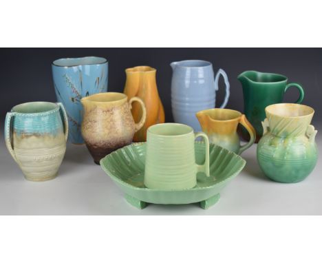 Collection of Beswick retro / Art Deco and drip glazed ceramic jugs, vases and jardini&egrave;re including shape numbers 42, 