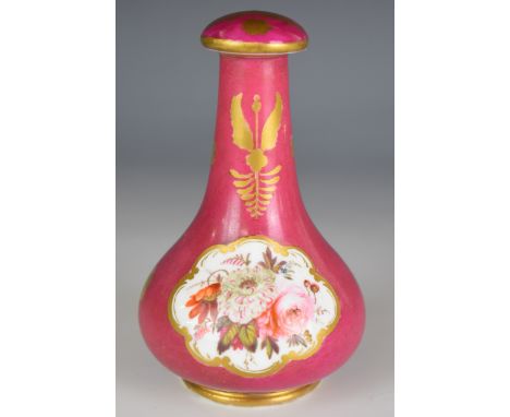 19thC Spode covered scent / perfume bottle decorated with flower cartouches, height 12cm