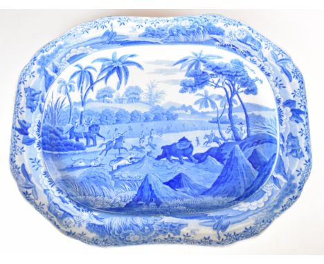 Spode blue and white transfer printed sporting scene large platter 'Driving A Bear Out Of Sugar Cane', 33 x 42cm