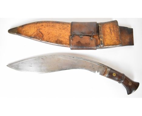 WW2 kukri knife with wooden grips, stamped R A II 11-41 to 33cm blade and a leather scabbard stamped SS 1941. PLEASE NOTE ALL