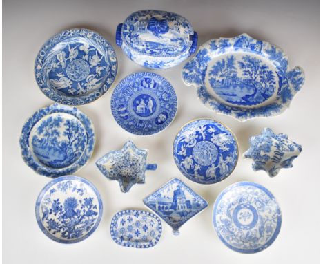 Collection of 19thC transfer printed blue and white ware including two pickle dishes, Copeland, two saucers with Watney colle