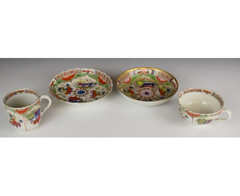 First period Worcester cup, coffee can and two saucers decorated with dragons in compartments, tallest 6.5cm