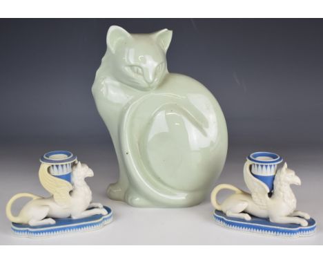 Spode Art Deco Velamour cat by Erik Olsen and a pair of figural griffin candlesticks, all with Worlock Collection labels to b