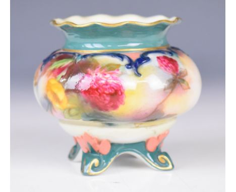 Royal Worcester Hadley Ware footed squat vase with frilled rim and flower decoration, height 7.5cm