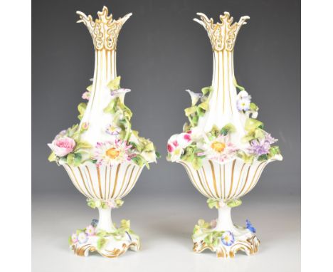 Grainger Royal Porcelain Works, Worcester pair of flower encrusted pedestal vases, height 27cm
