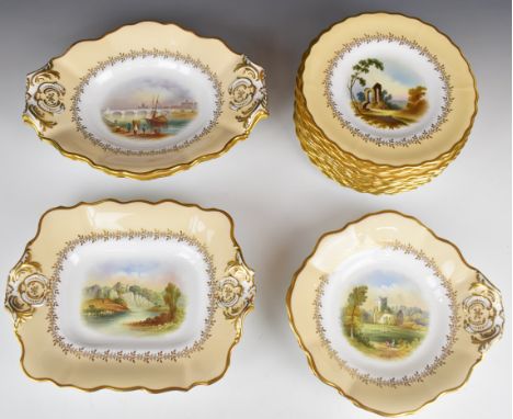 Copeland Spode extensive dessert service with landscape decoration, the handled dishes signed F Micklewright, the plates A Pe