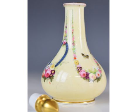 19thC Spode covered scent / perfume bottle decorated with floral swags of flowers and butterflies, height 14cm