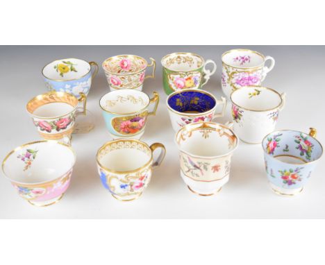 Twelve 19thC mainly Spode teacups decorated with flowers and birds, some with decoration in relief, interior decorated and fi