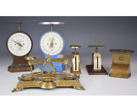 Five various sets of postage scales comprising cast brass base example, Salter No 11A air mail letter balance, similar letter