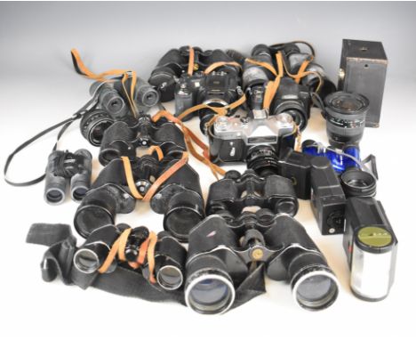 Collectable cameras, binoculars and lenses to include Panasonic DMC-FZ18 and Finepix S7000 digital cameras, Cosina 19-35mm 1: