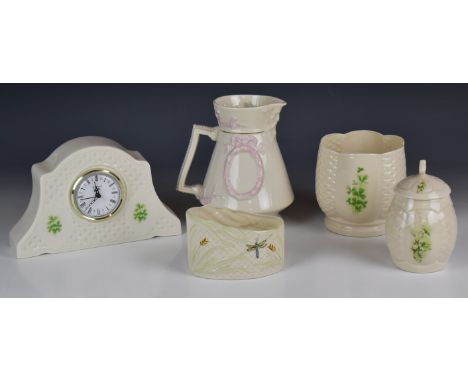 Belleek jug and cache pot with dragonfly decoration, Donegal clock etc, tallest 16cm