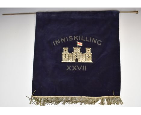 Royal Inniskilling Fusiliers music stand banner in blue velvet with silver wire tassels by Boosey and Hawkes, London, 50 x 55