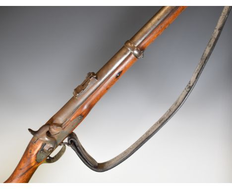 Enfield pattern percussion hammer action 3-band rifle with lock stamped 'Tower' and with crown over 'VR' cypher, brass butt p