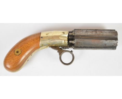 Unnamed six-shot percussion under hammer action pepperbox pistol with ring trigger, shaped wooden grips and 3.5 inch barrels,