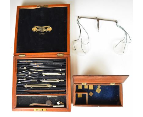 Negretti and Zambra mahogany cased drawing set and a 19thC set of travelling scales with weights, in mahogany box&nbsp;