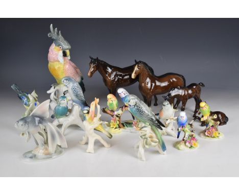 Karl Ens cockatoo, Adderley, Doulton and Beswick figures etc, tallest 28cm