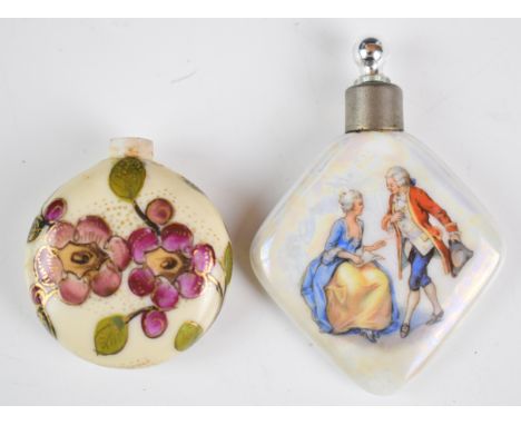 Two perfume or scent bottles with decoration of a lady and beau and a circular example, probably Royal Worcester
