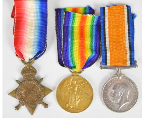 British Army WW1 medal trio comprising 1914/1915 Star, War Medal and Victory Medal named to 11393 Pte W Rushton, East Yorkshi