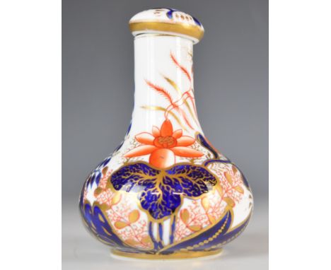 19thC Spode covered scent / perfume bottle decorated in the Imari pattern, height 11cm