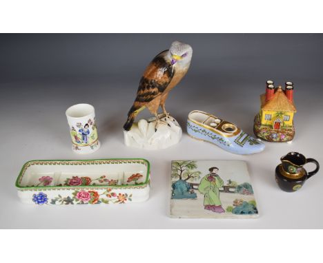 Spode / Copeland ceramics including a pastille burner in the form of a house, Chinoiserie tile, spill vase inkwell in the for