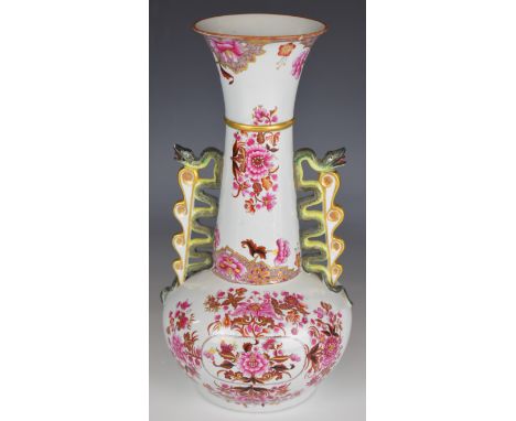 Spode stone china pedestal vase with twin handles decorated in the famille rose palette, with Worlock Collection label to bas