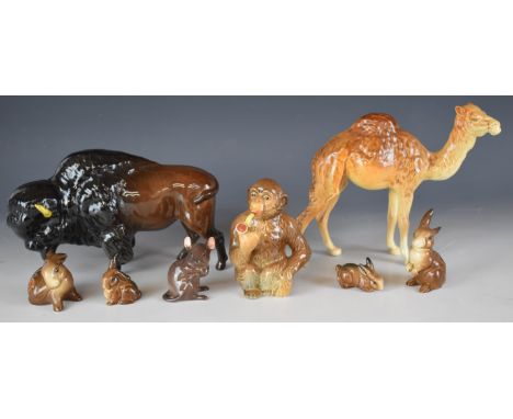 Beswick novelty monkey smoking a pipe, bison, rabbits including one with red label, mouse etc tallest 17cm