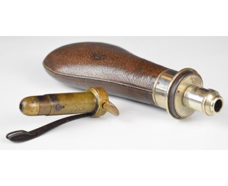 G &amp; J W Hawksley powder flask with leather covered body and a James Dixon &amp; Sons pinfire capper/ decapper tool with p