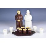 Beswick two figural friar liqueur sets with decanters, small tray and associated tot cups /