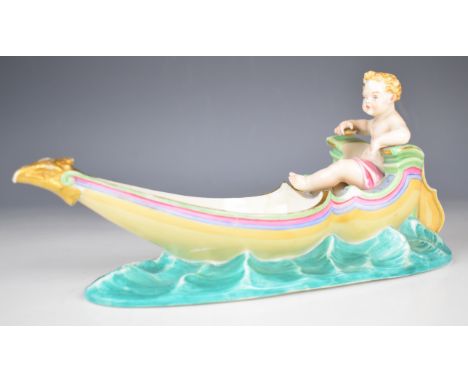 Royal Worcester majolica figural sweetmeat dish modelled as a boat with putti at the tiller, with damage/loss, height 13 x le