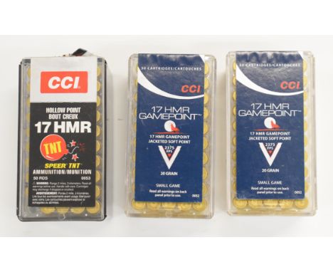 One-hundred-and-fifty .17 HMR rifle cartridges, all in original boxes. PLEASE NOTE THAT A VALID RELEVANT FIREARMS/SHOTGUN CER