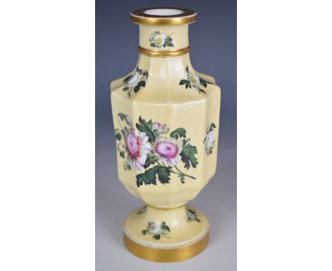 Spode pedestal vase of decagon form with enamelled flower decoration and Worlock Collection label to base, height 19cm