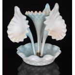 Stourbridge blue quilted satin glass four branch epergne, 31cm tall.