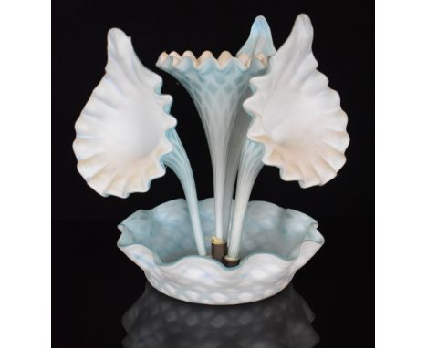 Stourbridge blue quilted satin glass four branch epergne, 31cm tall.&nbsp;