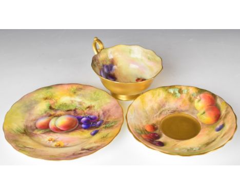 Royal Worcester painted fruit trio, the cup and side plate signed Lockyer, the saucer signed Ricketts, diameter of side plate