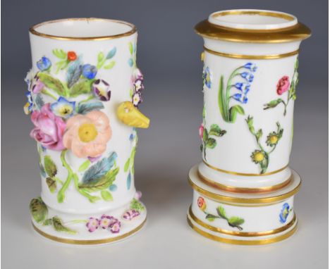 Two Spode spill vases, one with applied flower and bird decoration, the other with enamelled flowers in relief, both&nbsp;wit