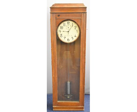International Time Recording Co. London electric master clock with chrome pendulum bob, the painted circular dial also having