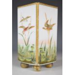 Victorian or similar glass vase of square form raised on four ball feet, hand decorated with ducks