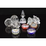 Ten various glass paperweights including Peter McDougal, Strathearn, Dartington, J G Durand frog and