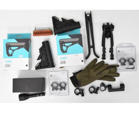 A collection of shotgun and rifle gun parts and accessories including Infiray External IR Illuminator IIR-850-2, bi-pod, Hawk