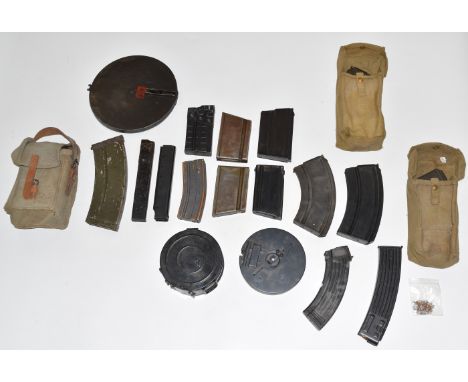 Twenty-seven various large calibre rifle magazines including PPsH and similar machine gun drum magazines etc, some in canvas 
