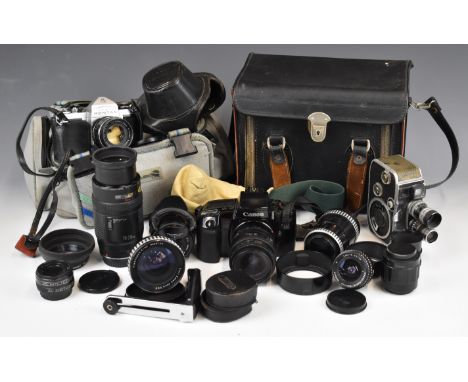 Canon EOS100 35mm SLR camera with Canon 70-210mm and 28-70mm and Sigma 1:2.8 24mm lenses, together with an Asahi Pentax 35mm 