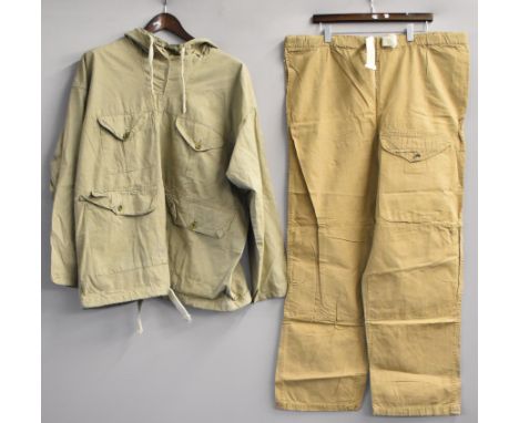 British Army WW2 era drab smock and similar trousers as used by SAS / Long Range Desert Group, labels faded, trousers ink sta