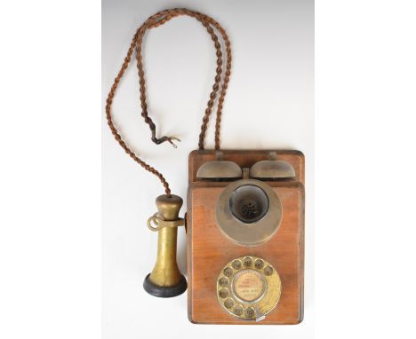 Vintage wall mounted wood and brass telephone, marked to rear GPO 41 FHR 53/1