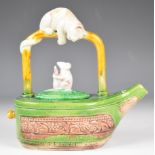 Majolica figural cat and mouse teapot with lozenge mark to base, height 18cm