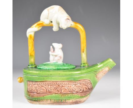 Majolica figural cat and mouse teapot with lozenge mark to base, height 18cm