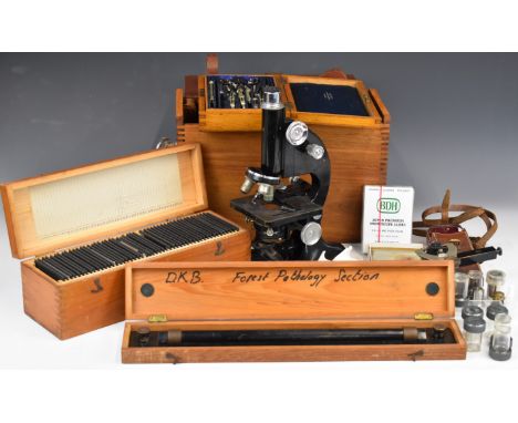 Beck London Model 29 microscope in carry case, height 37cm, John Hall Swansea cased drawing set, roller rule, cased Casella c