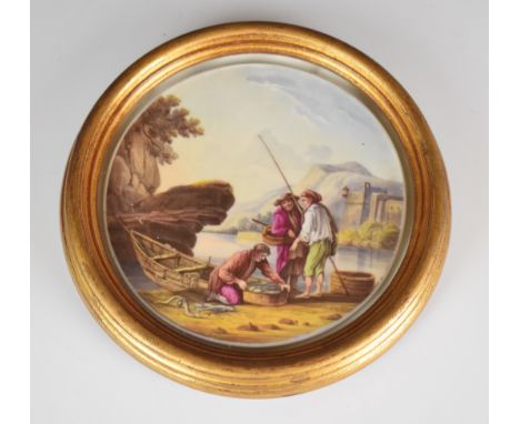 Spode and Copeland framed circular plaque decorated with fisherman landing their catch including a lamprey, with castle in th