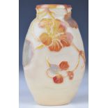 Legras cameo glass vase of flattened ovoid form cased in iridescent blue, red and brown and with cut